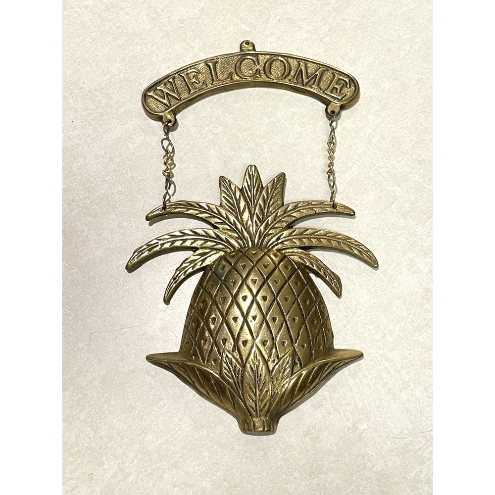 Vintage Brass Pineapple Welcome Sign Wall Door Plaque Retro Metallic